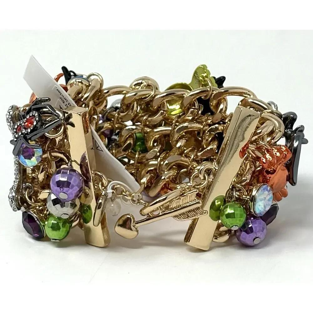 Betsey Johnson Halloween Toggle Bracelet Black Cat Spider Bat Candy Charms Wide